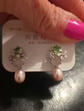 Silver Floral Pearl Drop Earrings with Green Crystal Accent.